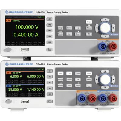 Two digital laboratory power supplies stacked on top of each other, displaying voltage and current. Upper display: '100,000 V, 0.400 A', lower display: '36,000 V, 0.600 A'.