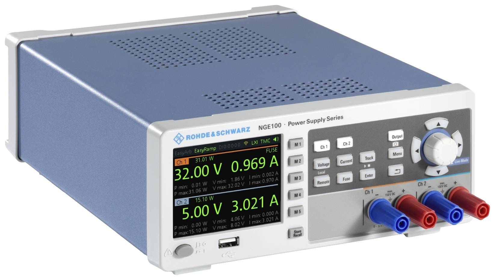 Laboratory power supply with a blue front panel, displaying two digital readouts: '32.00 V, 0.969 A' and '5.00 V, 3.021 A'. Several control elements are visible.