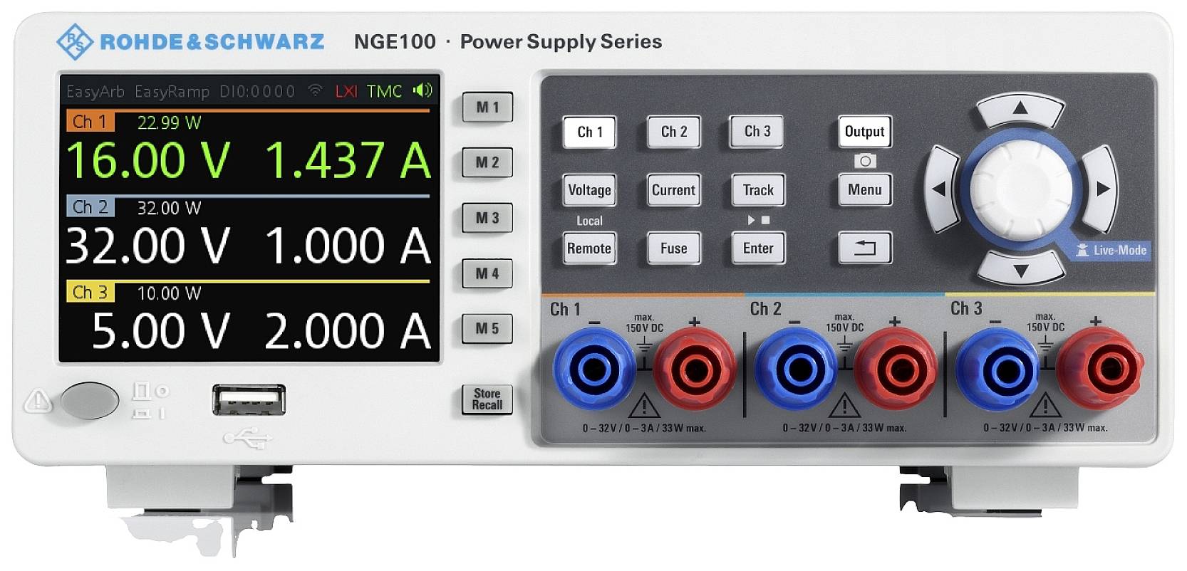 Electronic power supply unit with three channels, displaying voltage and current. Control buttons and connectors visible underneath.