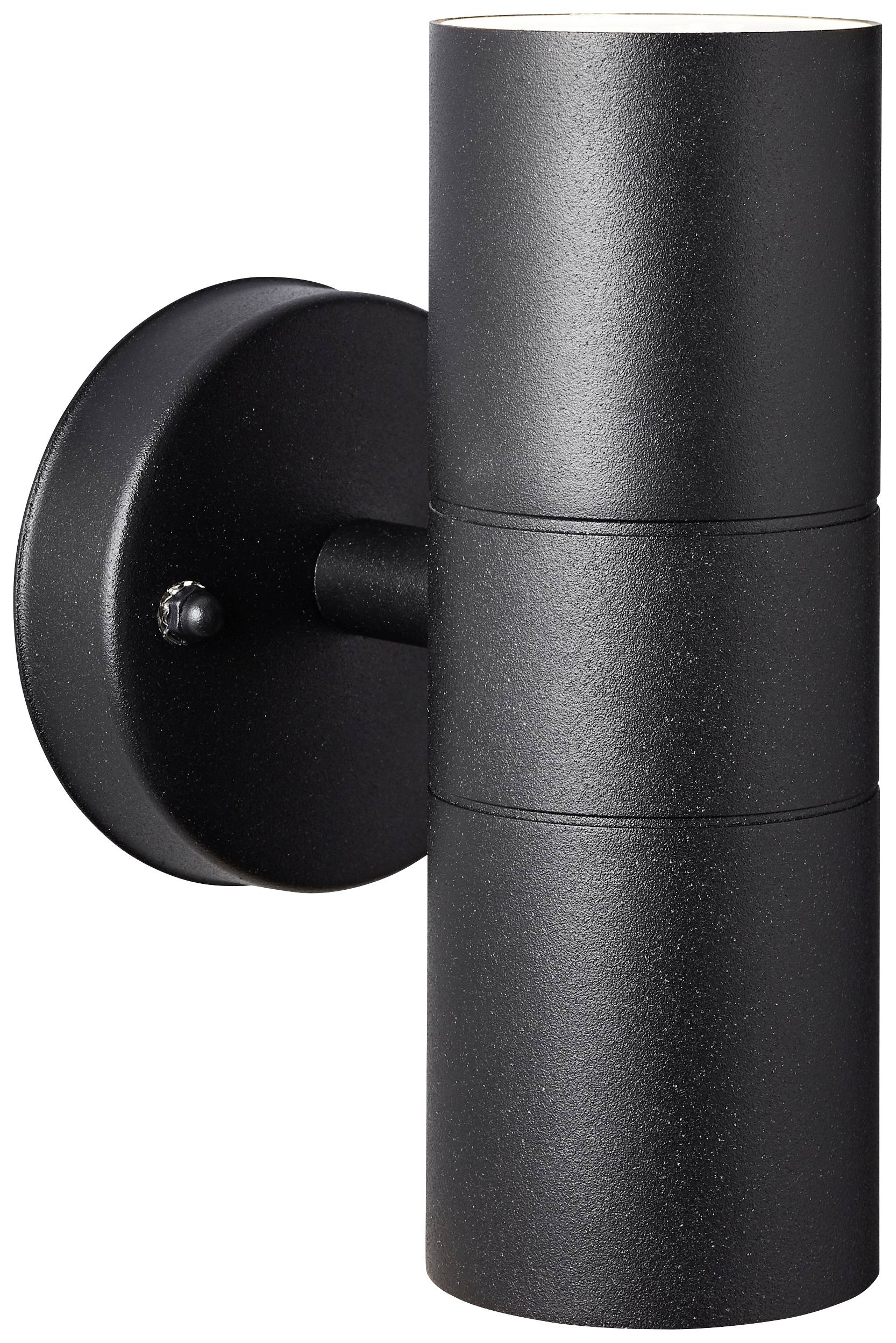 Black, cylindrical exterior wall light with two light sources that shine upwards and downwards. Mounted on a round base.