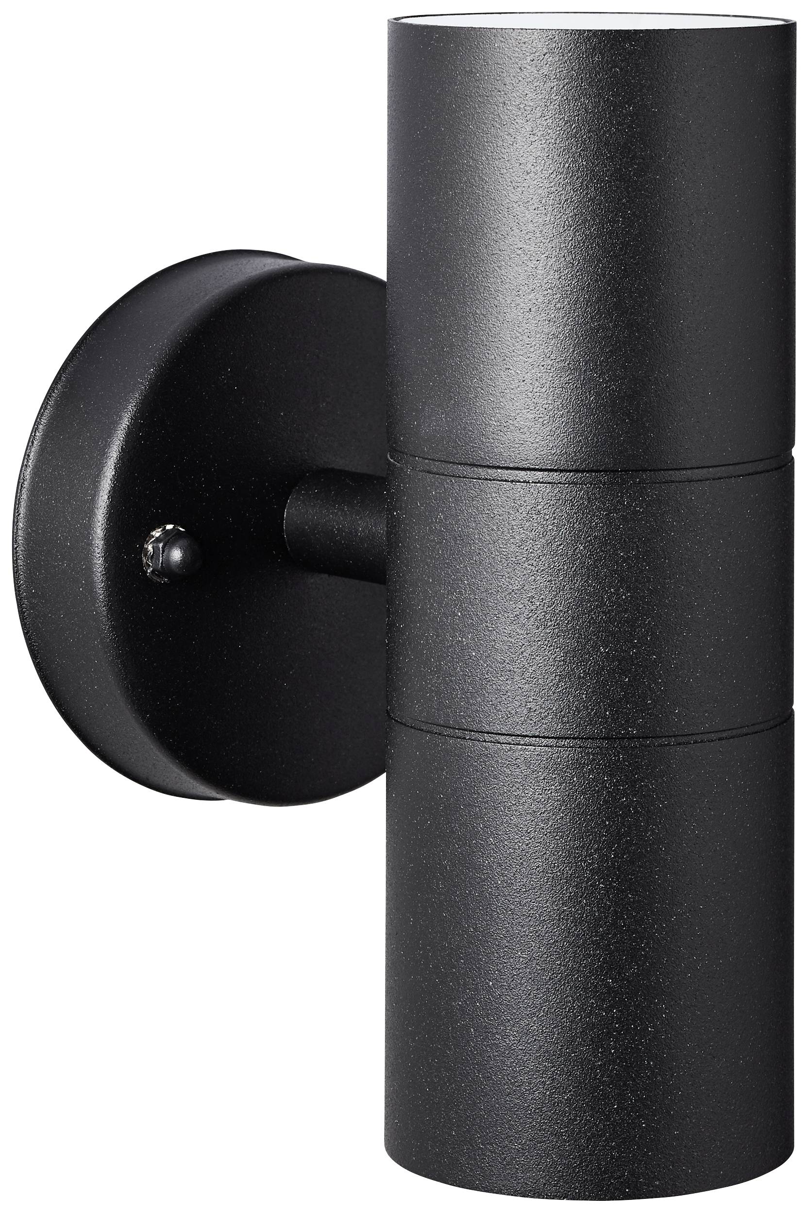 Black, cylindrical exterior wall light with two light sources, radiating upwards and downwards, mounted on a circular wall bracket.