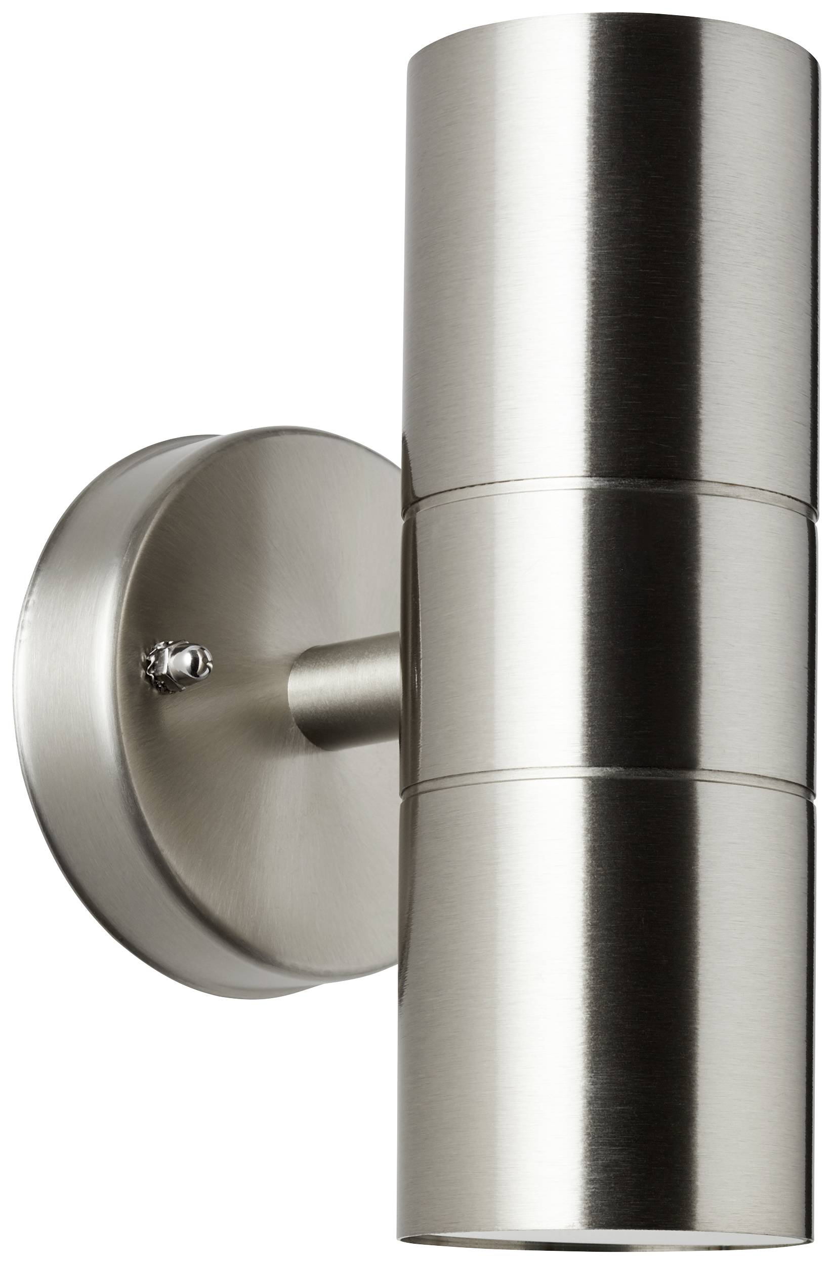 Wall lamp with a silver metallic surface, cylindrical in shape, vertically oriented. Suitable for modern interior spaces.