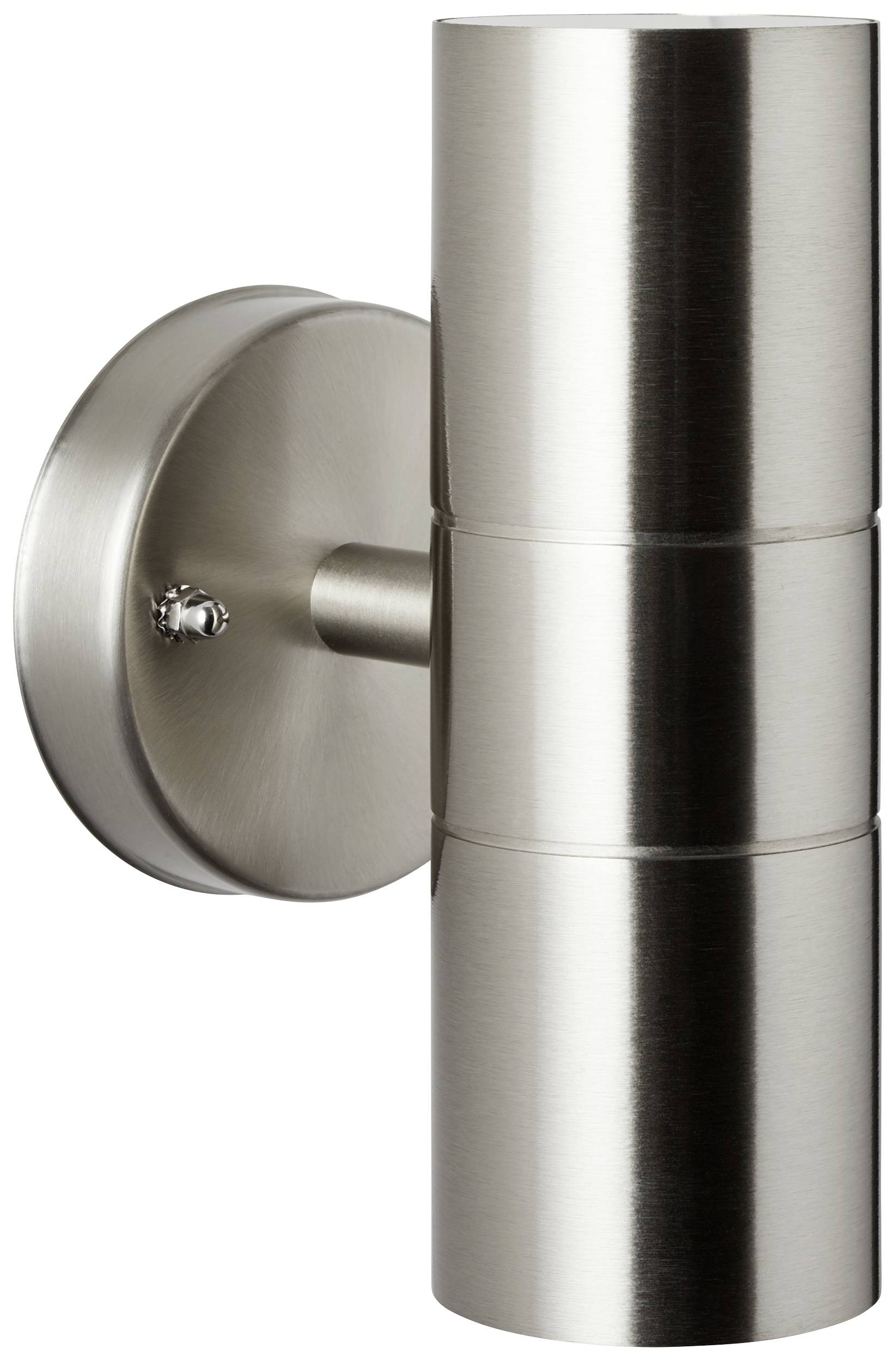 Cylindrical stainless steel wall light with brushed finish, designed for exterior wall illumination.