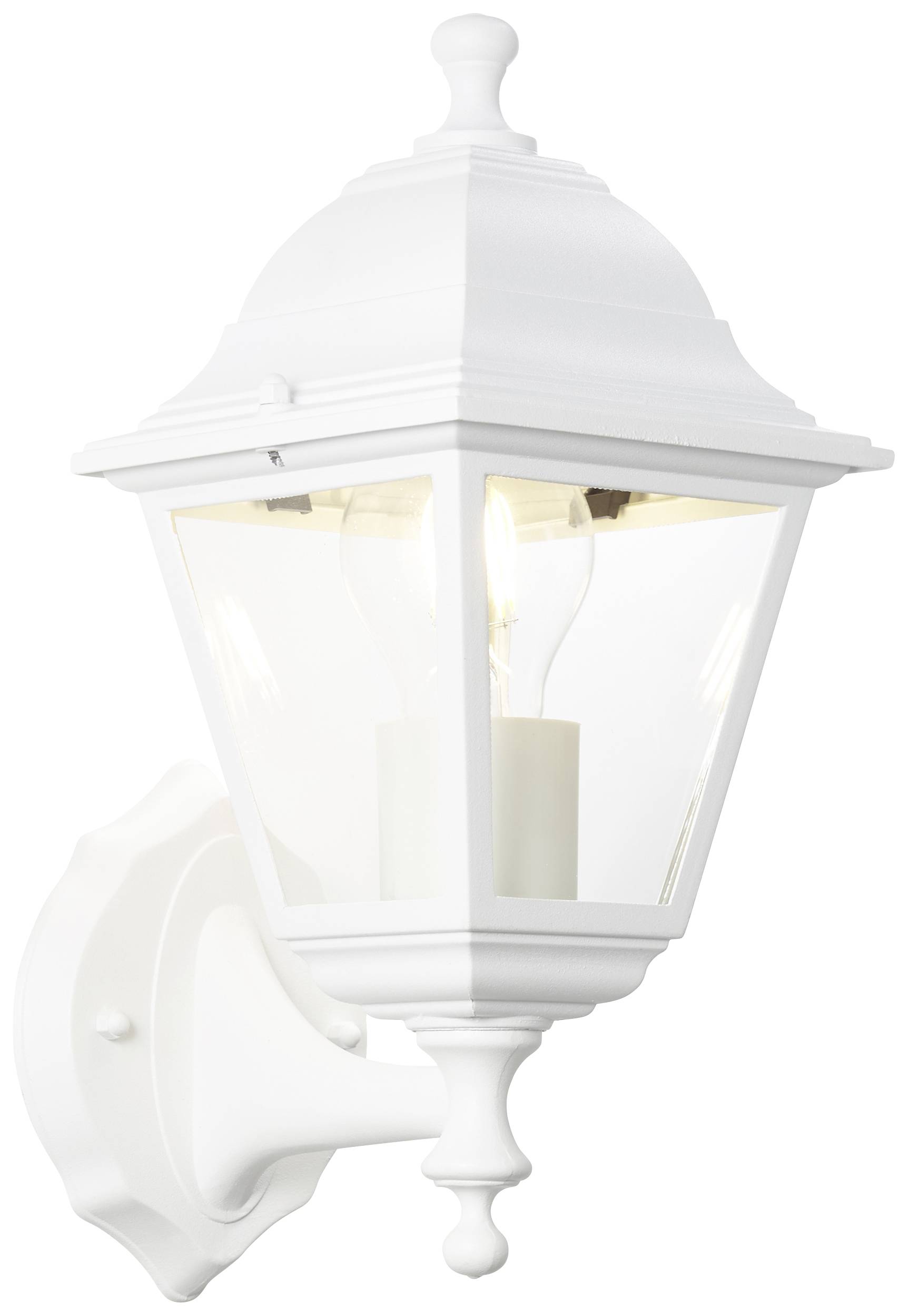 White exterior wall light with a classic lantern design, mounted facing upwards. The light features clear glass panels and an E27 lamp holder.
