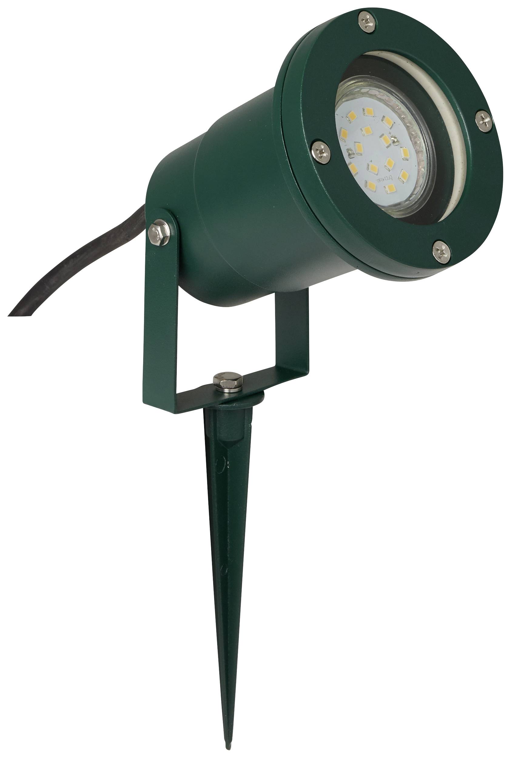 Green LED garden spotlight with ground spike and black cable, suitable for outdoor lighting.