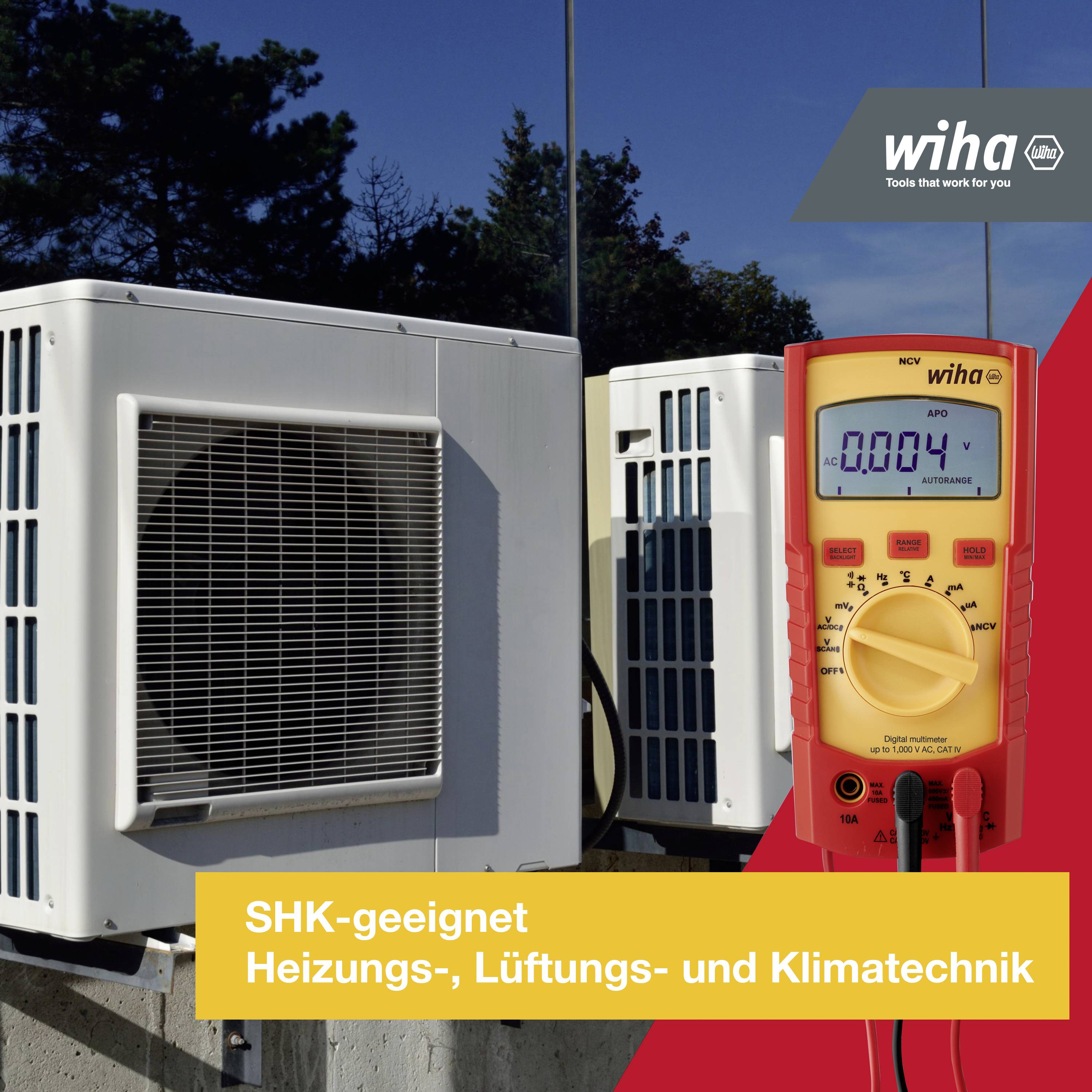 Air cooling devices next to a digital multimeter displaying '0.004'. Text: 'Suitable for heating, ventilation and air conditioning systems'.