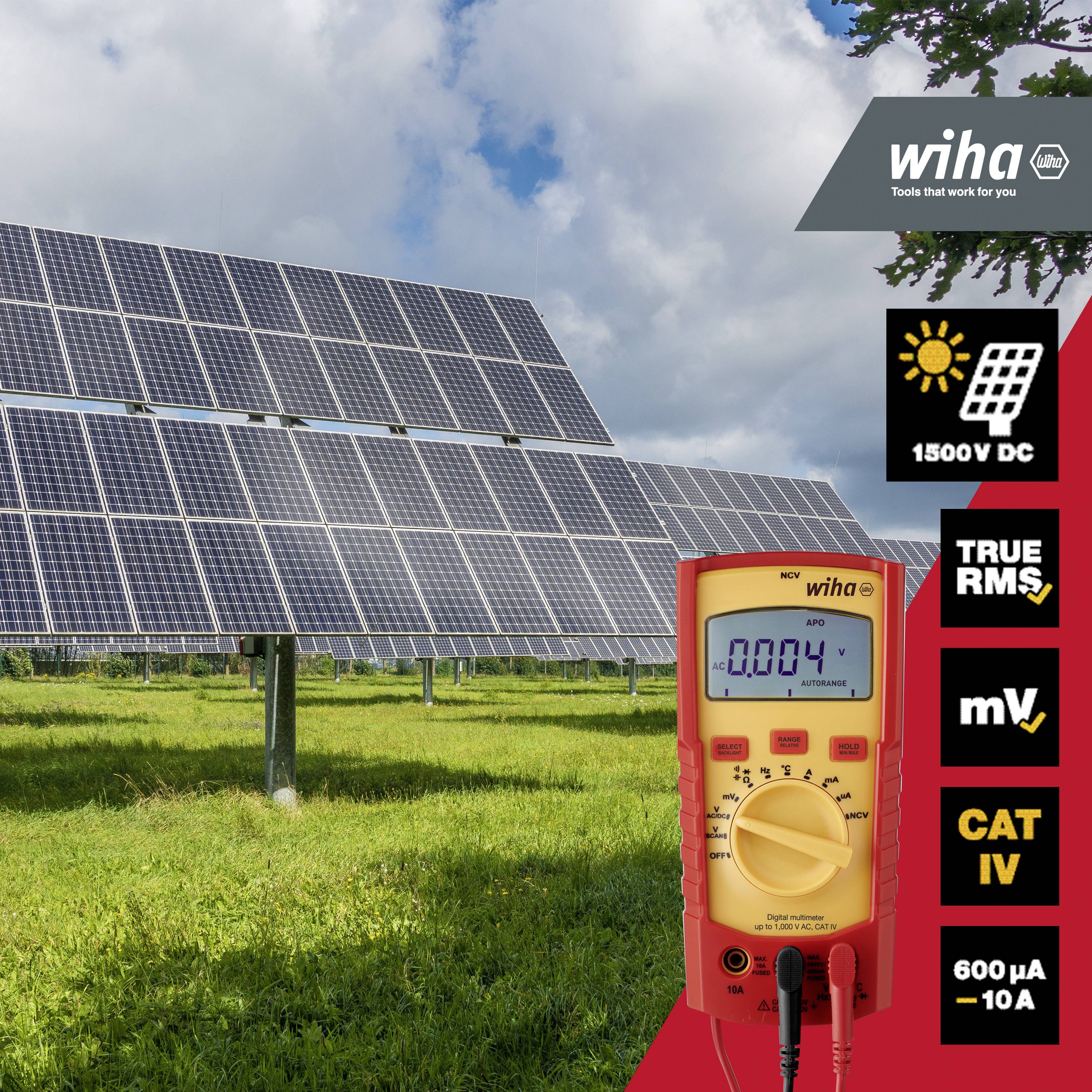 A solar installation on a meadow beneath a cloudy sky. In the foreground, a digital multimeter displaying voltage. 'Wiha' logo in the top right corner.