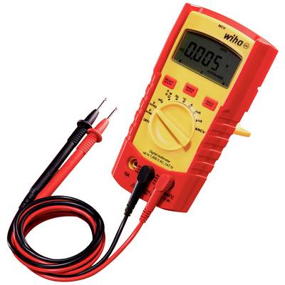 A digital multimeter with a red and yellow casing, displaying electrical measurement values on an LCD screen and featuring test leads.