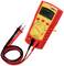 A digital multimeter with a red and yellow casing, displaying electrical measurement values on an LCD screen and featuring test leads.