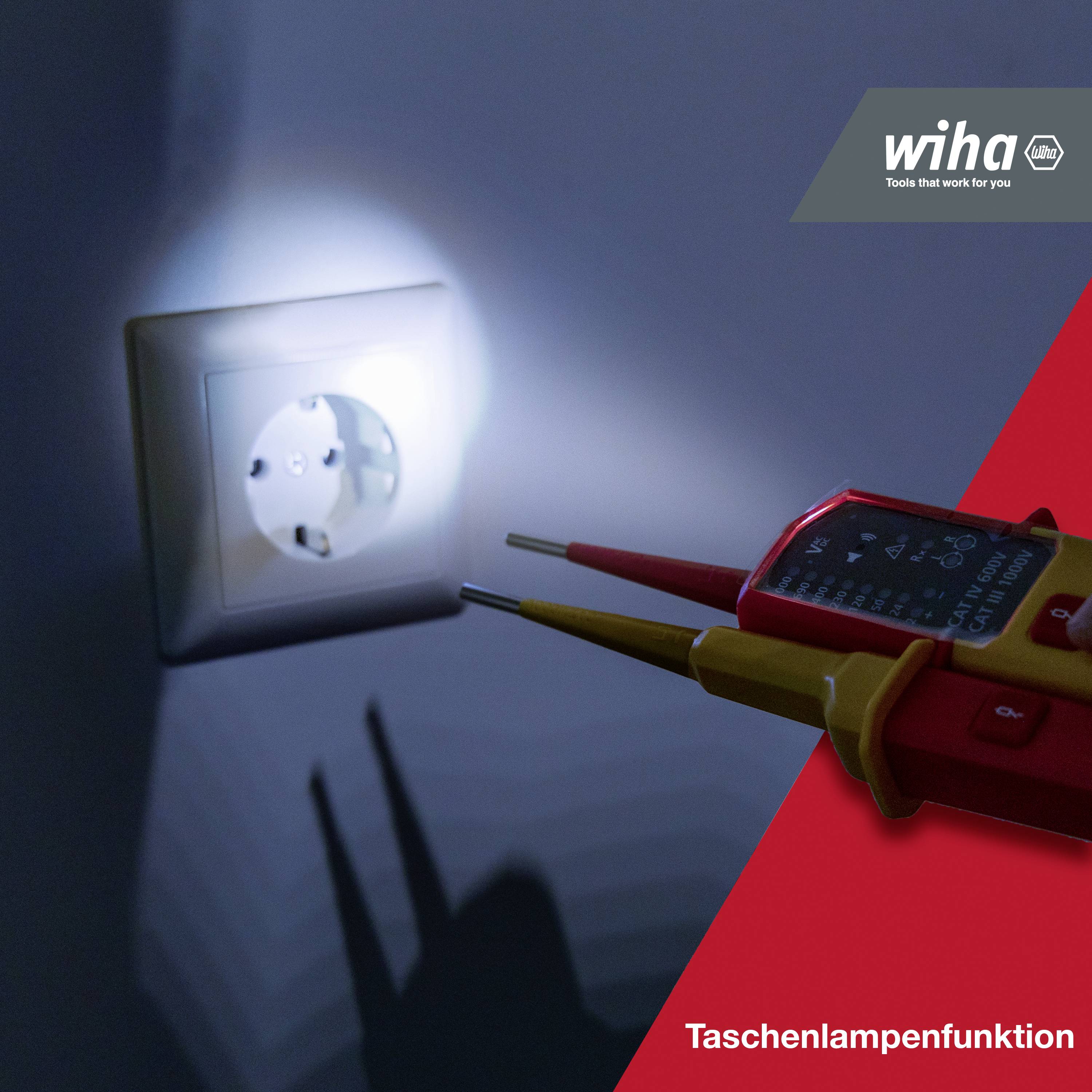 Socket in a wall with a beam of light emanating from an electrical device nearby, which reads 'torch function'.