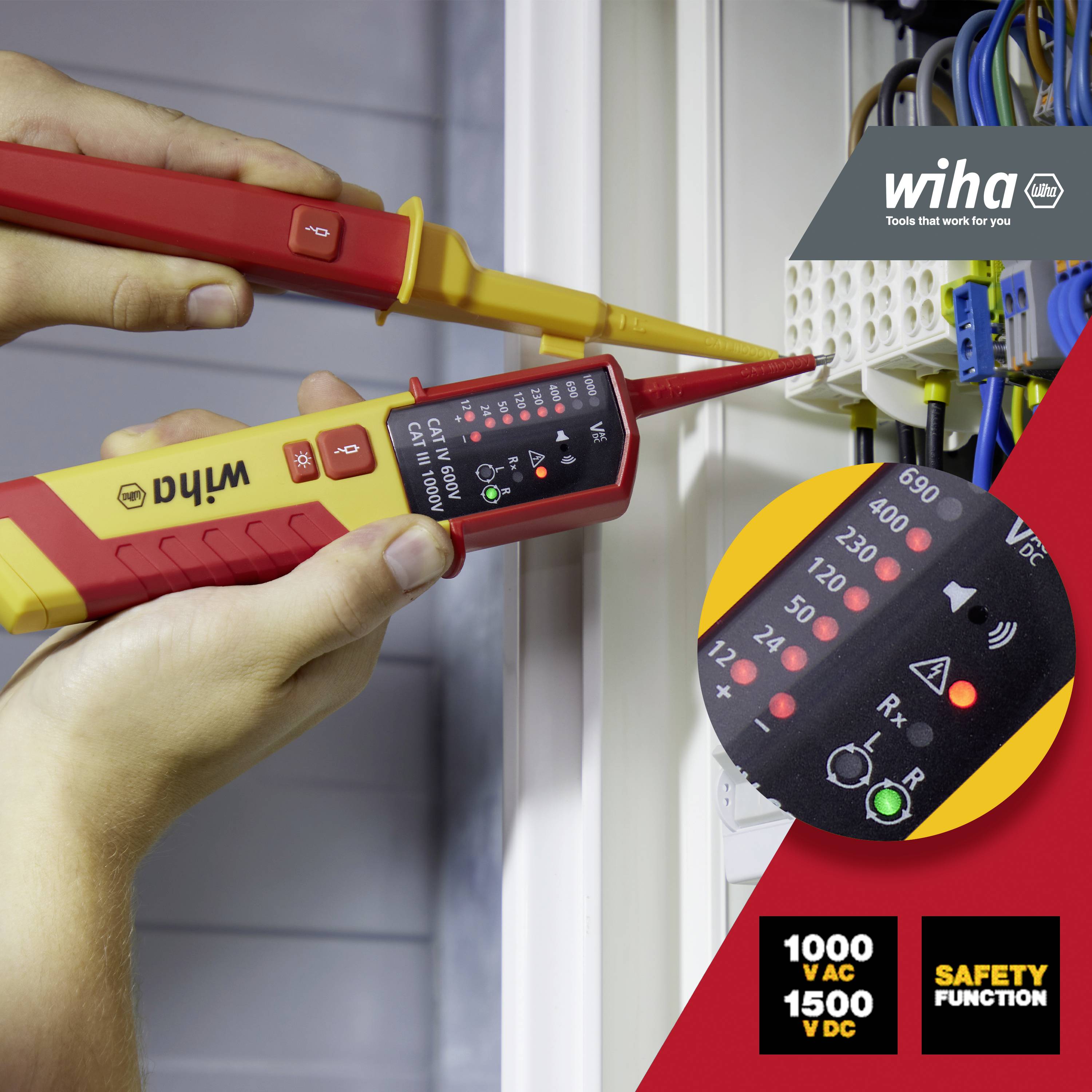 A person is measuring voltage with a Wiha voltage tester at an electrical panel. A pie chart shows voltage settings ranging from 12 to 1000 V AC.