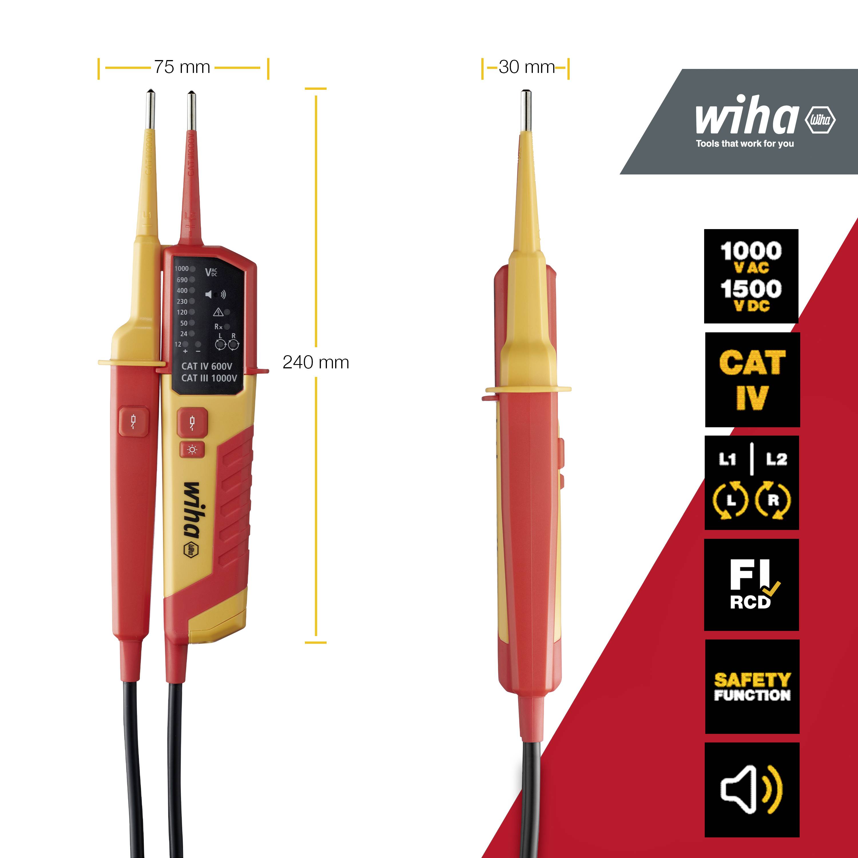 Electrical voltage tester by Wiha with two measuring probes and display. Suitable for CAT IV 1,000 V AC/DC. Specifications on the left, safety logos on the right.