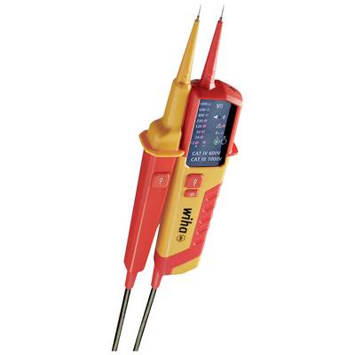The image shows a digital voltage tester in yellow and red with a display indicating measurement values.