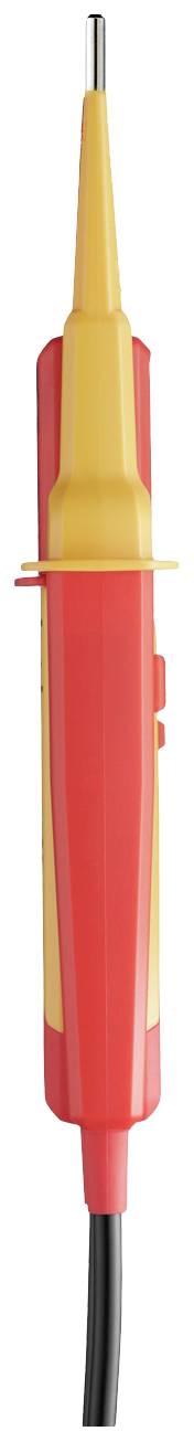 A red and yellow voltage tester with a black cable, suitable for measuring electrical voltages.