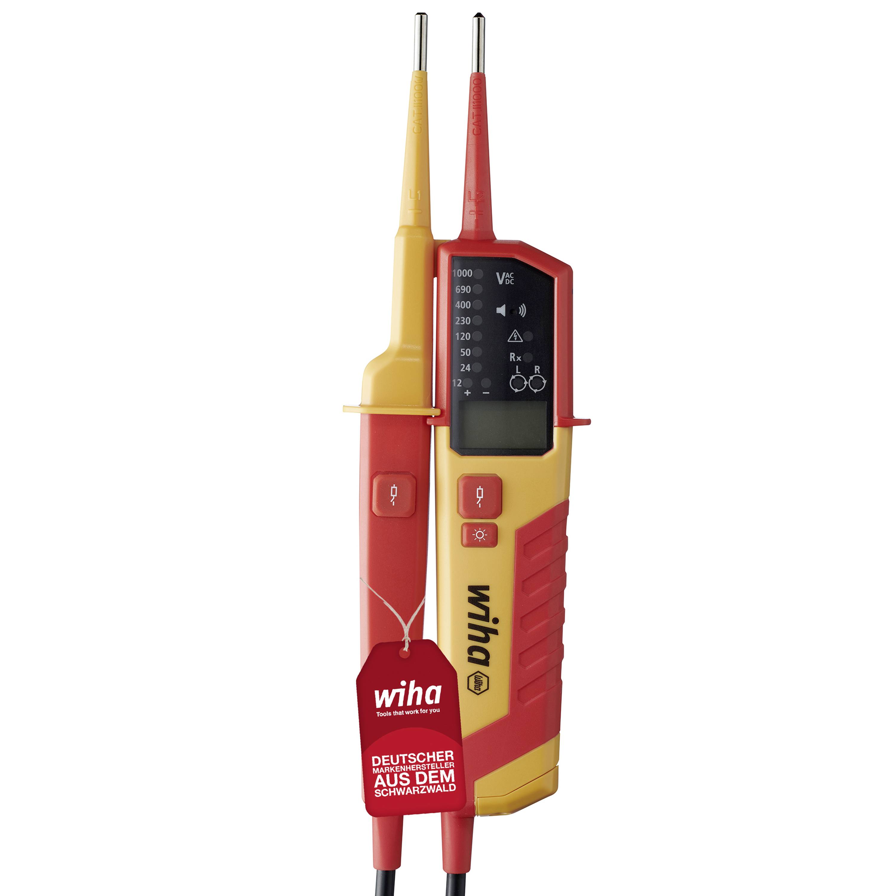 Voltage tester with yellow and red casing; Wiha logo on the side. The device displays voltage settings on the screen.
