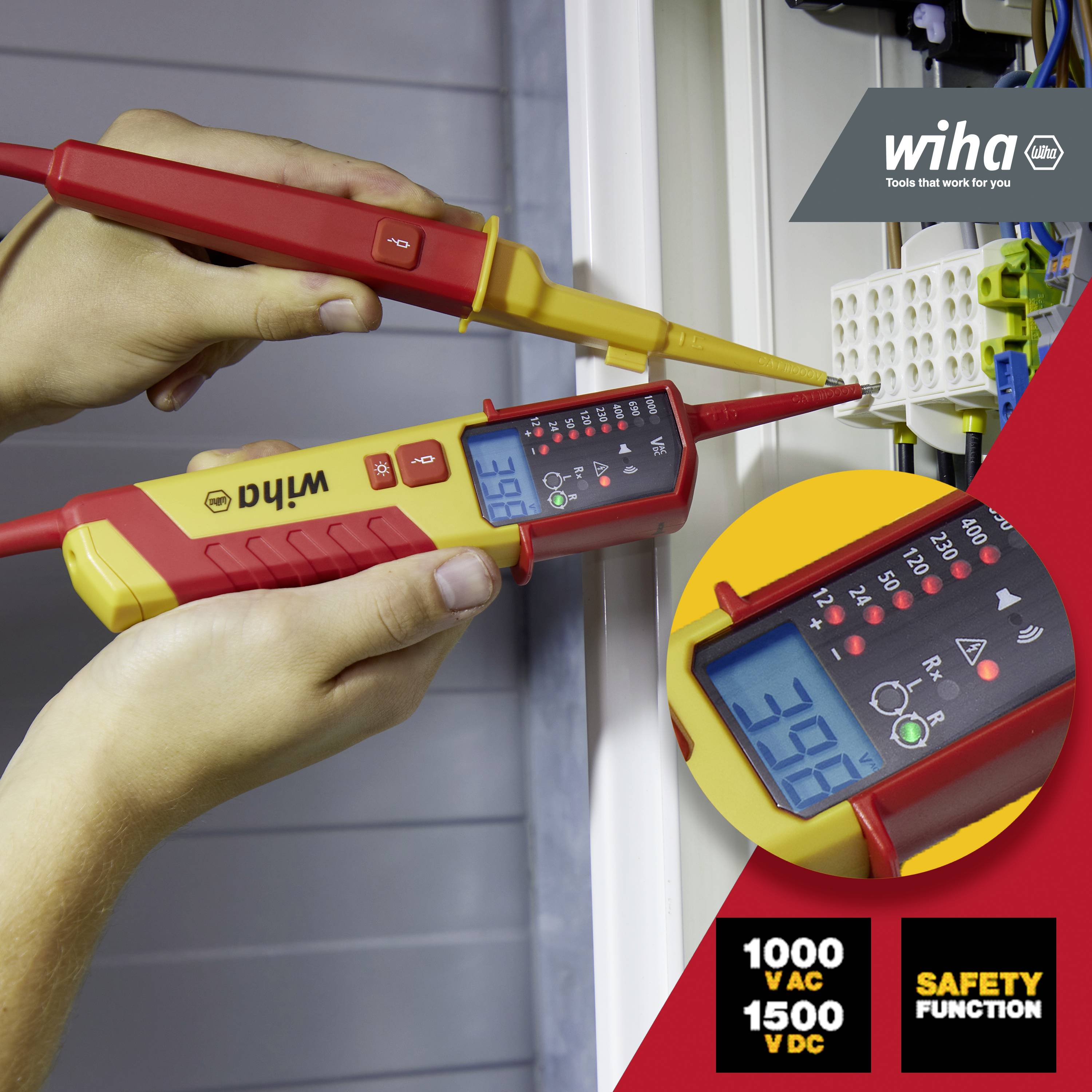 Two hands are holding a two-pole voltage tester against electrical contacts. The display shows '232'. Bottom right: symbols and buttons. Top right: 'wiha' logo.