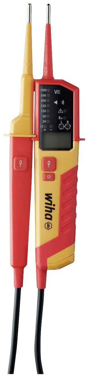 A yellow-red voltage tester with two test probes and a display for indicating voltage readings.