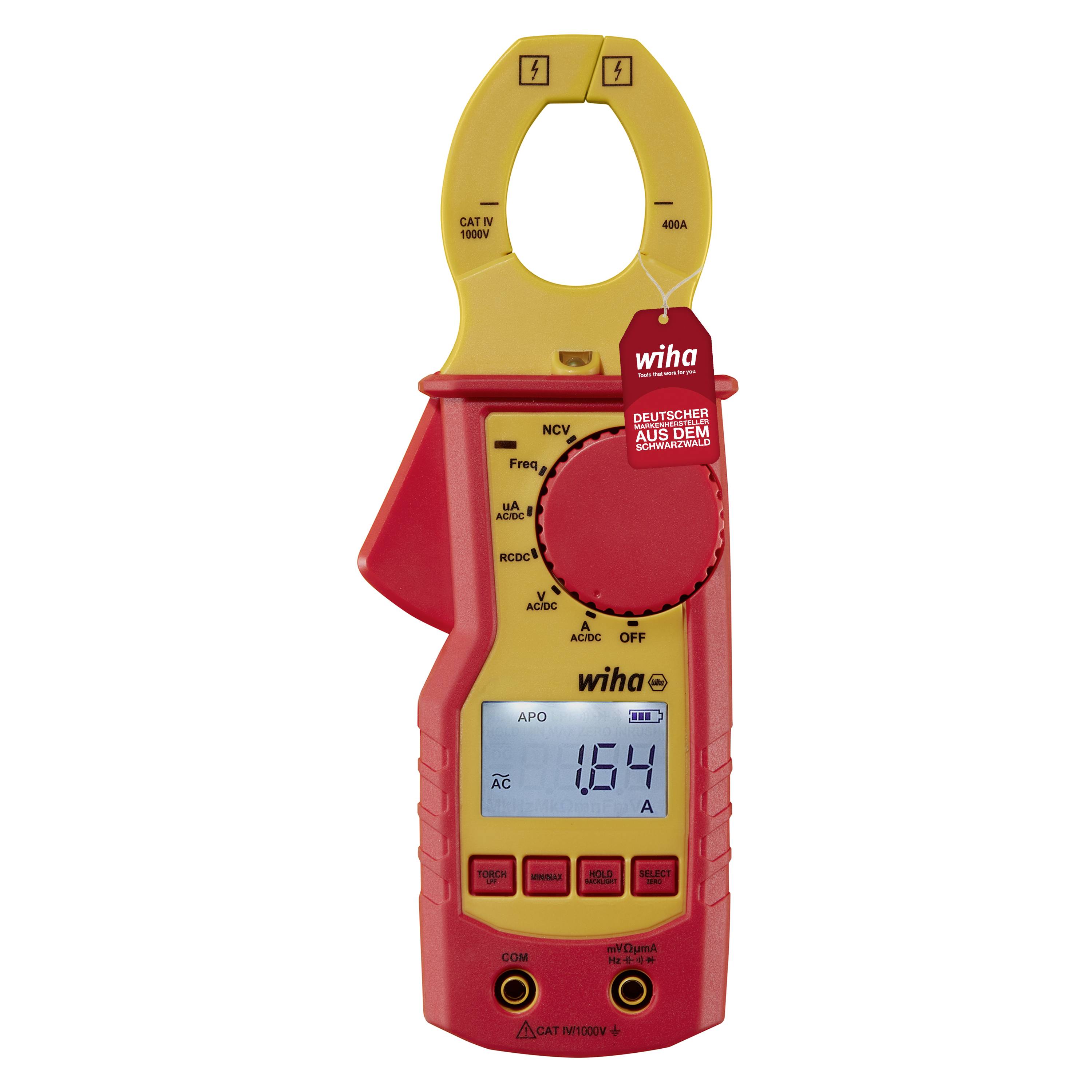 A red digital clamp multimeter with a yellow sensor displays a reading of 154 on its display.