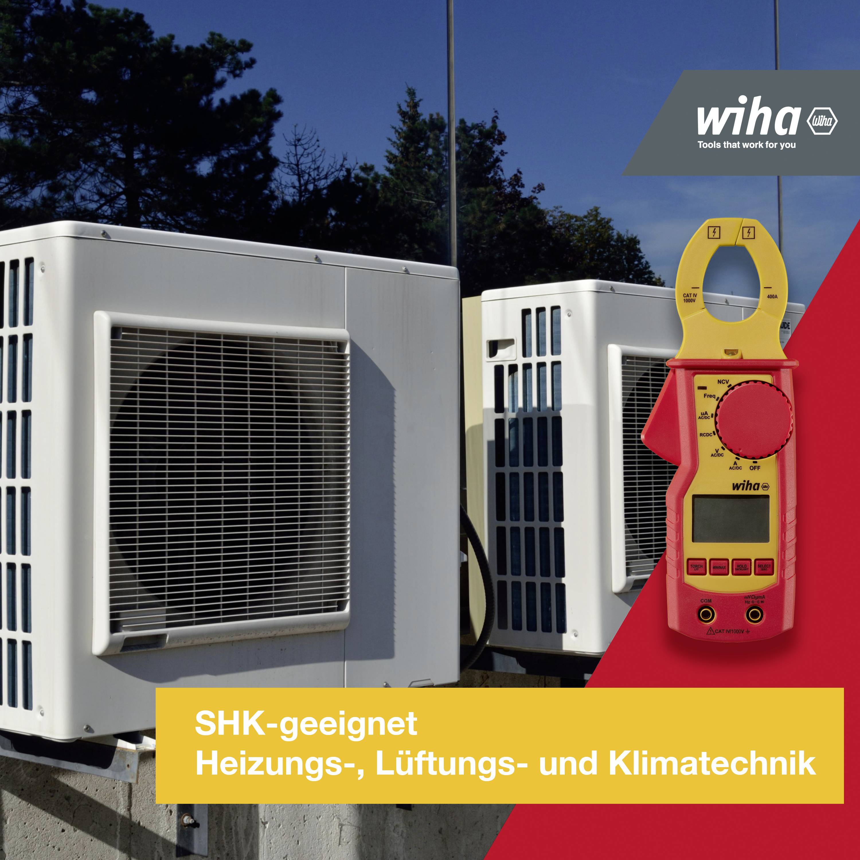 Air conditioning units outdoors with a measuring device in the foreground. Text: 'Suitable for heating, ventilation and air conditioning engineering.' Wiha logo in the top right corner.