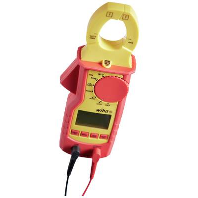 'A red and yellow digital electricity meter with measurement clamps, display, and rotary dial. Used for electrical measurements.'