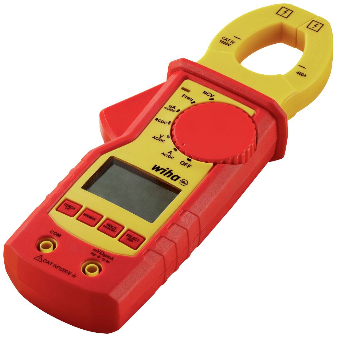A digital clamp multimeter in red and yellow with a display and function buttons. It measures electrical current up to 600 A.