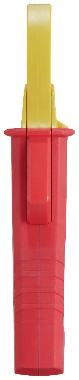 Red and yellow isolated electrical test plug on a white background.