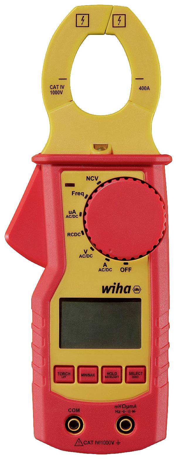 A digital voltage meter with yellow jaws and a red casing. It has a display and several buttons for adjustment.