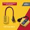 Yellow measuring device with cable and plug, suitable for CAT II up to 300 V. Top text: 'Particularly well-suited for confined spaces'.