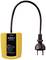 A yellow socket tester with a black mains cable. On the front, there are status indicators for various fault conditions.