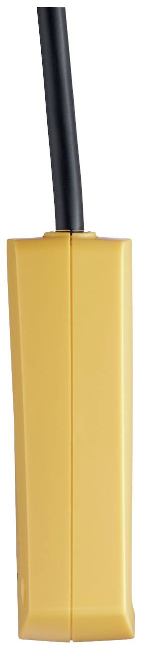 Yellow rectangular safety switch with black cable. Primarily used as a safety device in industrial applications.