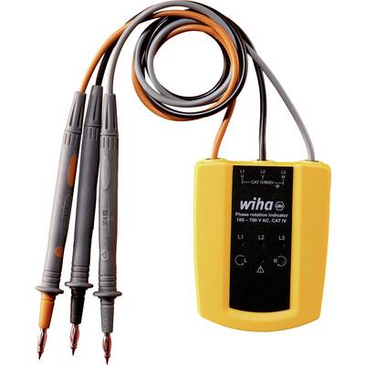 Phase tester with three electrically connected probes and yellow housing; indicates phase sequence in electrical systems.