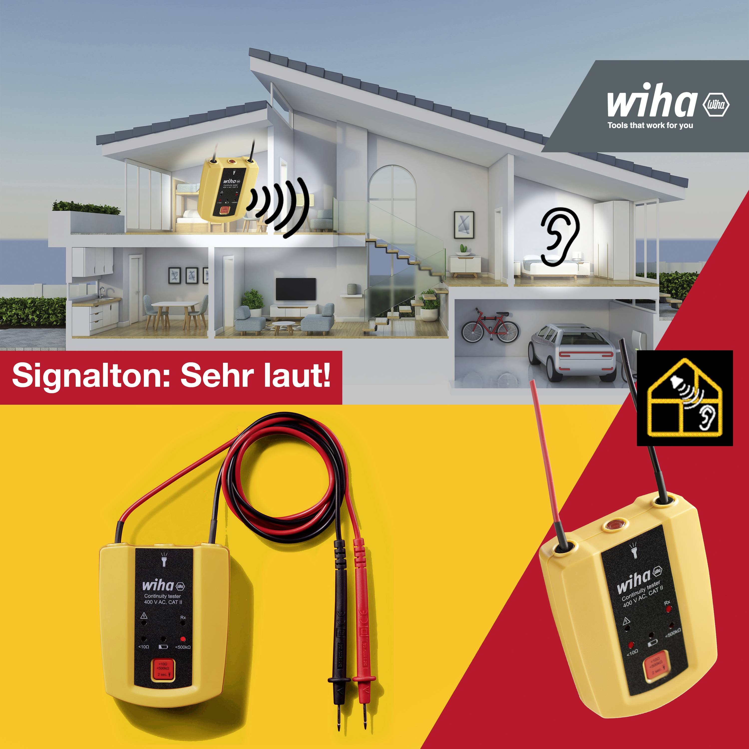 A device emits a strong signal that passes through walls. Label: 'Signal tone: Very loud!' A house model shows signal distribution.