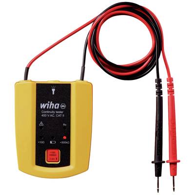 A yellow continuity tester with two probes, one red and one black. It displays various voltage and resistance readings.