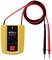 A yellow continuity tester with two probes, one red and one black. It displays various voltage and resistance readings.