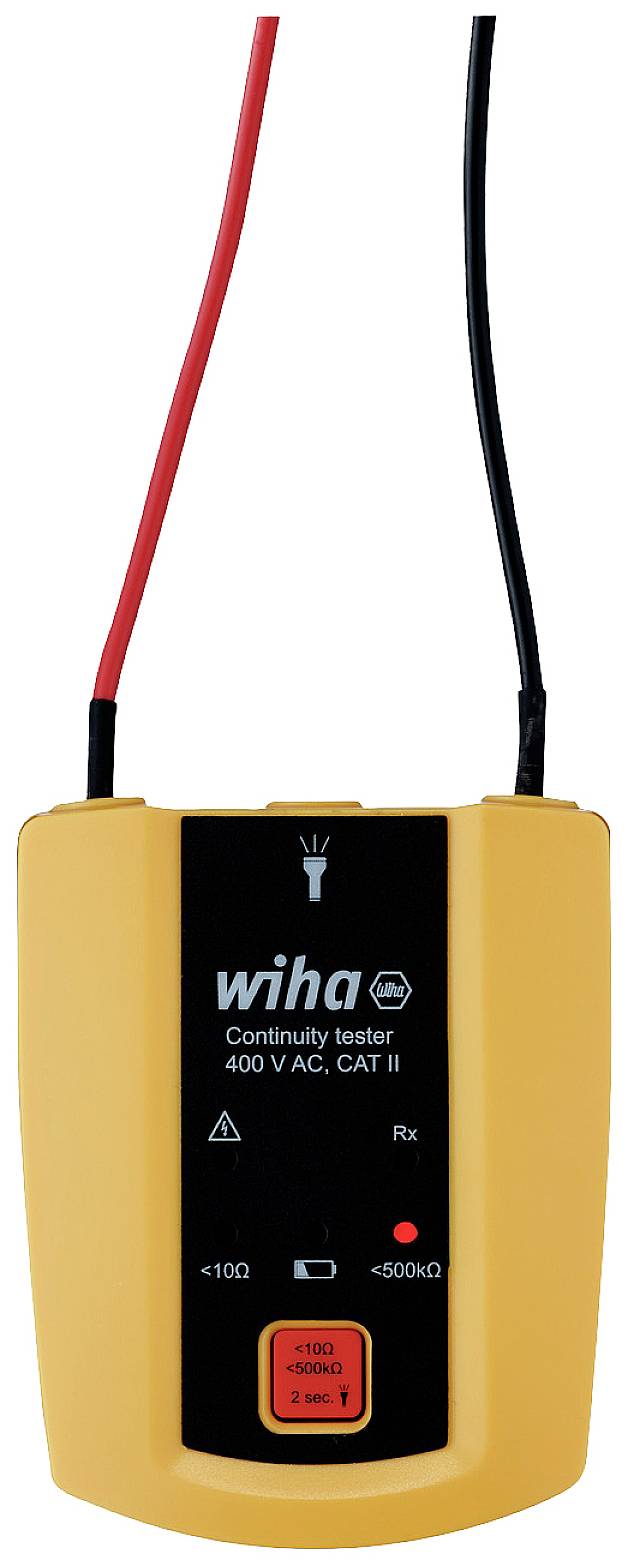 A yellow voltage tester with red and black leads; it displays the brand name and voltage information.
