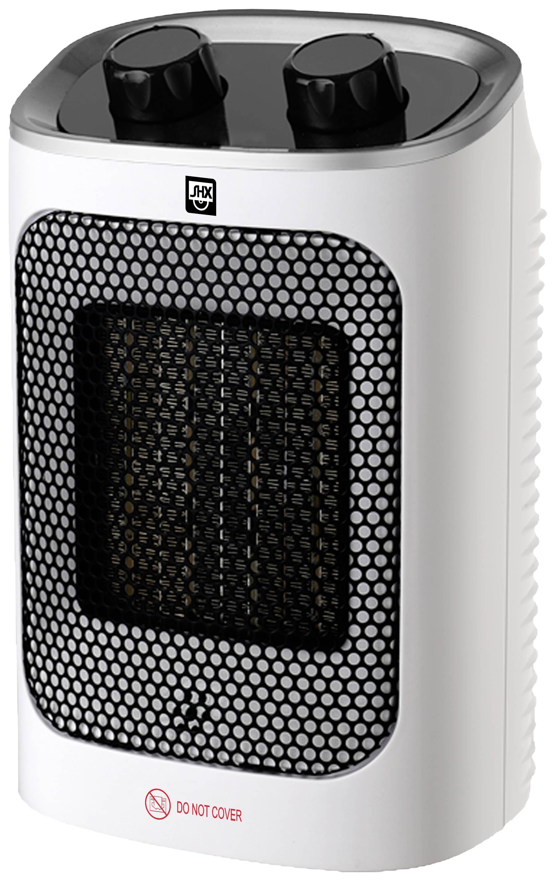 Portable fan heater with two rotary knobs on top and warning 'Do Not Cover' at the bottom.