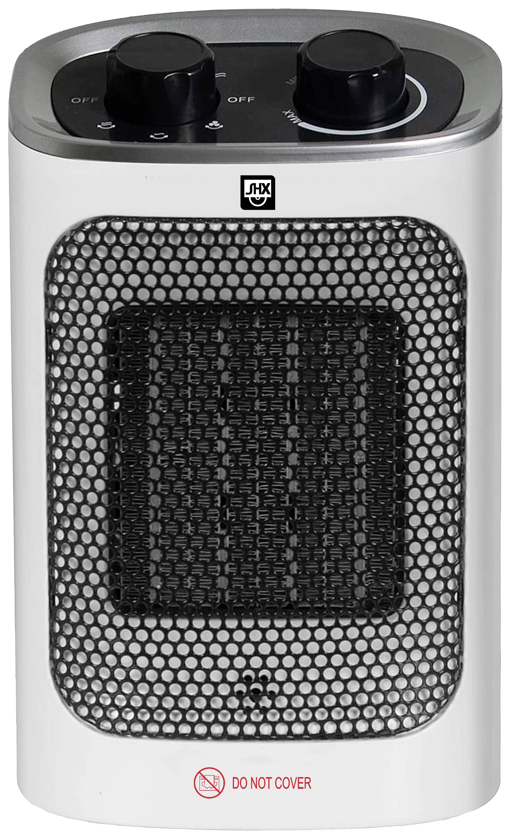 A portable ceramic fan heater with two rotary knobs for temperature control and a fan grille. Note: 'DO NOT COVER'.