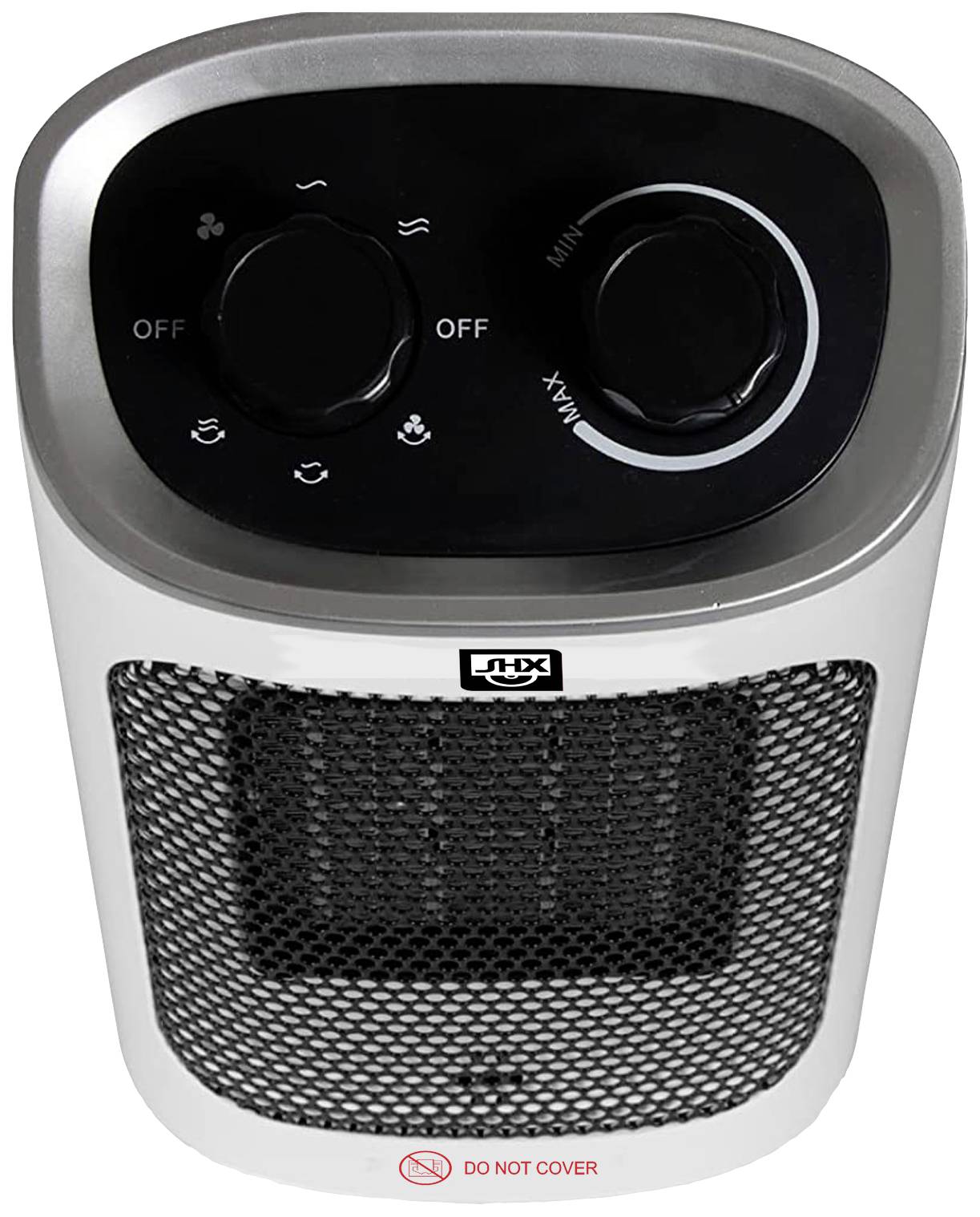 A compact electric fan heater with two rotary knobs for adjusting heat and fan speed, featuring a front grille.