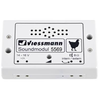 A white sound module by Viessmann, model number 5569, designed for voltages of 14-16V, featuring a chicken symbol and external connection options.