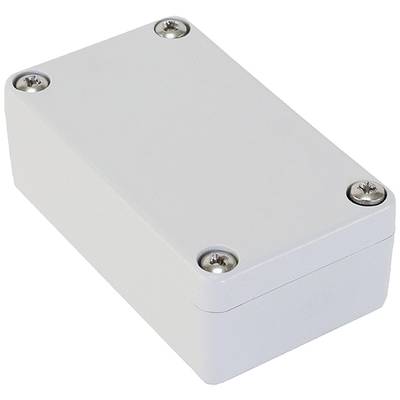 A rectangular, white casing with rounded corners and four visible screws at the corners of the lid.