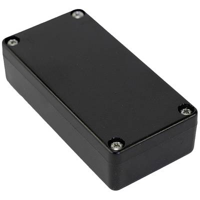 Black, rectangular plastic enclosure with four screws at the corners, suitable for electronic components.