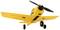 A yellow model aircraft with black details is flying in the air. Propeller is spinning. Front view from above.