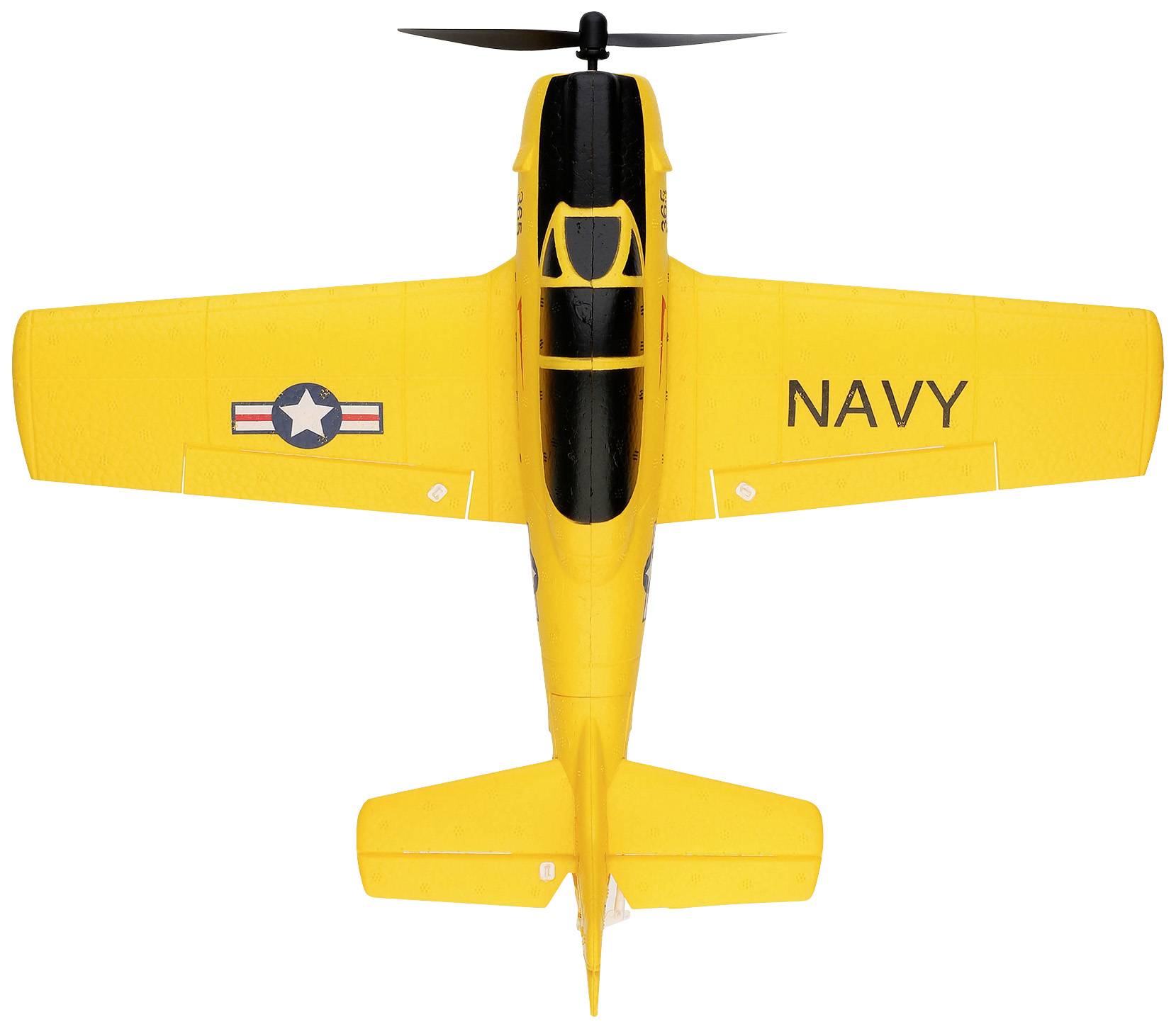 A yellow model aircraft viewed from above, with a propeller, a US Marine emblem on the wing, and the inscription 'NAVY'.