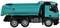 A turquoise tipper lorry, photographed from the side. Suitable for construction site work. Six wheels are visible.