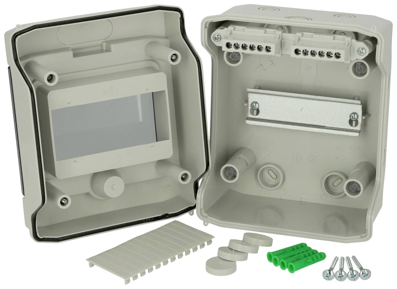 Enclosure for electrical connections, opened. Shows screws, covers, and internal layout. Contains mounting accessories.