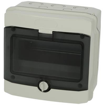 A grey plastic enclosure with a transparent, black lid and twist lock, suitable for electrical installations.