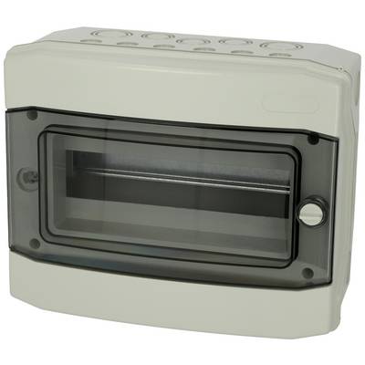 A grey plastic housing with a transparent, dark cover. It has visible screws and several round openings on the top.