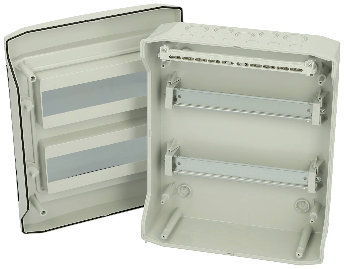 Opened electrical cabinet with two rows of electrical components, suitable for wall mounting, showing internal metal mounting brackets.