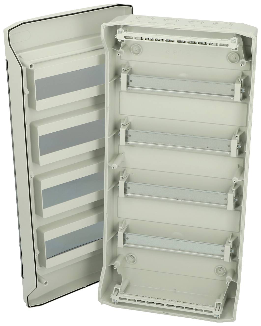 Housing with multiple open compartments, suitable for control cabinets or electrical installations, front panel removed.