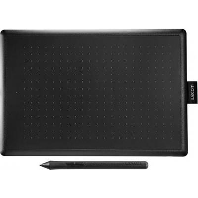 A black graphic tablet with an accompanying stylus. The tablet displays raster points to aid orientation during digital drawing.